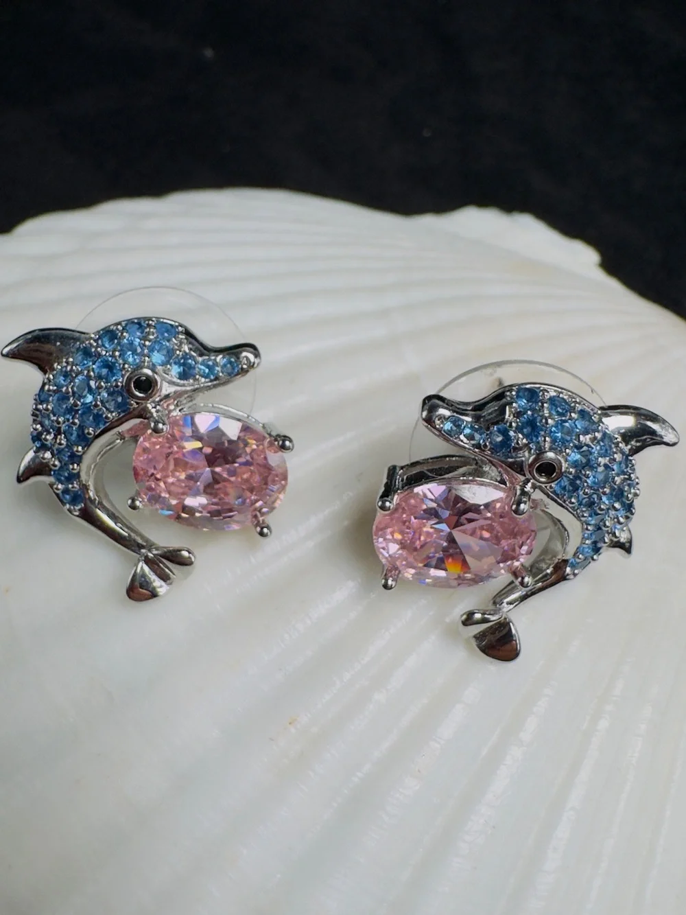 Dolphin Stud Earrings with Pink Crystal and Blue Accents
